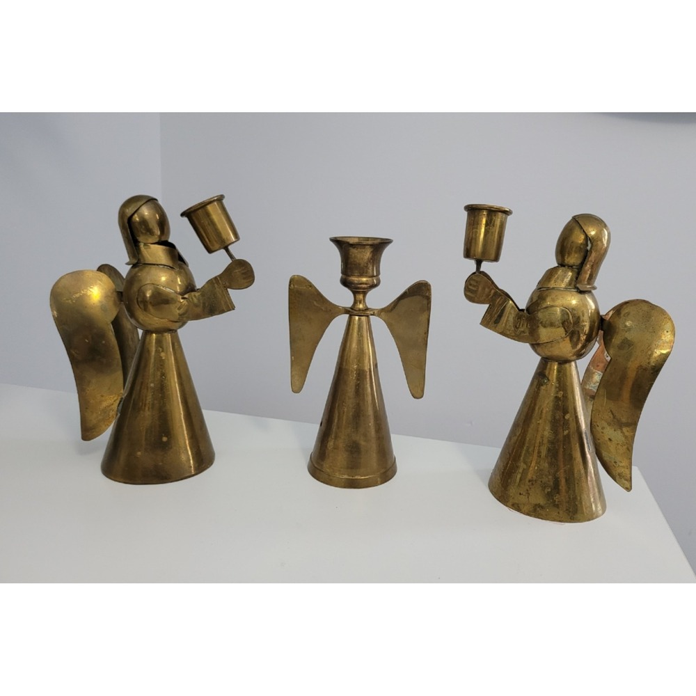 set of vintage mid-century Set 3 vintage brass and copper angel‎ candle holders